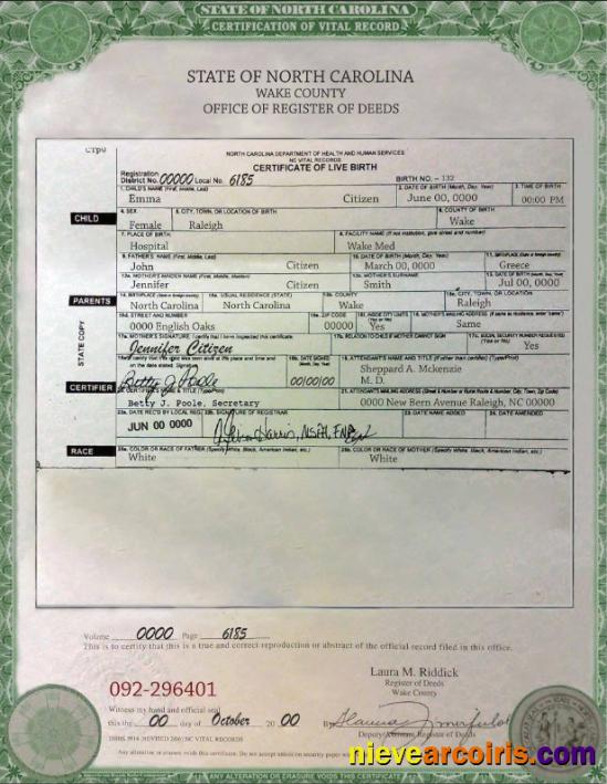 USA North Carolina birth certificate